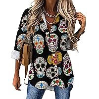 Dead Colorful Floral Sugar Skull Casual Shirts for Women V Neck Button Down Long Sleeve Blouses Tops Office