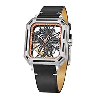 Mens Watch Square See-throungh Hollow Self Winding Mechanical Leather Luxury Wristwatches for Men
