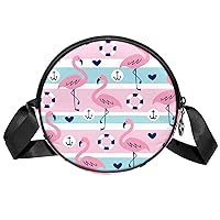 Flamingo Nautical Stripe Crossbody Bag for Women Teen Girls Round Canvas Shoulder Bag Purse Tote Handbag Bag