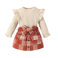 Toddler Baby Girls Fall Outfits Ruffle Ribbed Knit T-Shirt Top + Plaid Button Mini Skirt Kids Winter Clothes