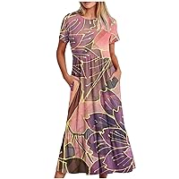 Women Marble Print Dress Short Sleeve Casual Maxi Dress Summer O-Neck Pocket Long Dress Trendy Beach Vacation Outfits