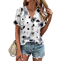 Business Casual Tops for Women, Fashion Women's Loose Plain V Neck Button Short Sleeve Summer 2024 Shirts, S XXL