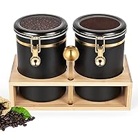 Yangbaga 304 Stainless Steel Coffee Canisters for Ground Coffee,2 x 66 OZ Coffee Container with Shelf Coffee Bean Storage, Food Storage Jar with Gold Airtight Locking Clamp and Spoon for Kitchen