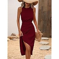 Solid Wrap Hem Dress - Casual Sleeveless Midi/Long Dress with Wrap, Ruched, Asymmetrical, and Twist Details