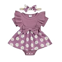 Newborn Baby Girls Daisy Romper Dress Summer One-Piece Clothes Short Sleeve Jumpsuit Floral Onesie Headband