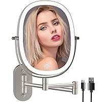 Lighted Wall Mounted Makeup Mirror, Double Sided 1X/7X Magnifying Mirror, 3 Color Lighting Option Dimmable, 360 Rotation Extension Foldable Arm, Oval Frame Rechargeable Vanity Mirror with Lights