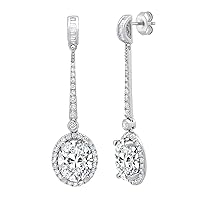 IGI Certified 14K Solid Gold Halo Dangling Drop Earrings for Women with 7.56 ctw, Oval (6.50 CT), Baguette (0.24 CT) & Round (0.82 CT) Lab Grown White Diamond
