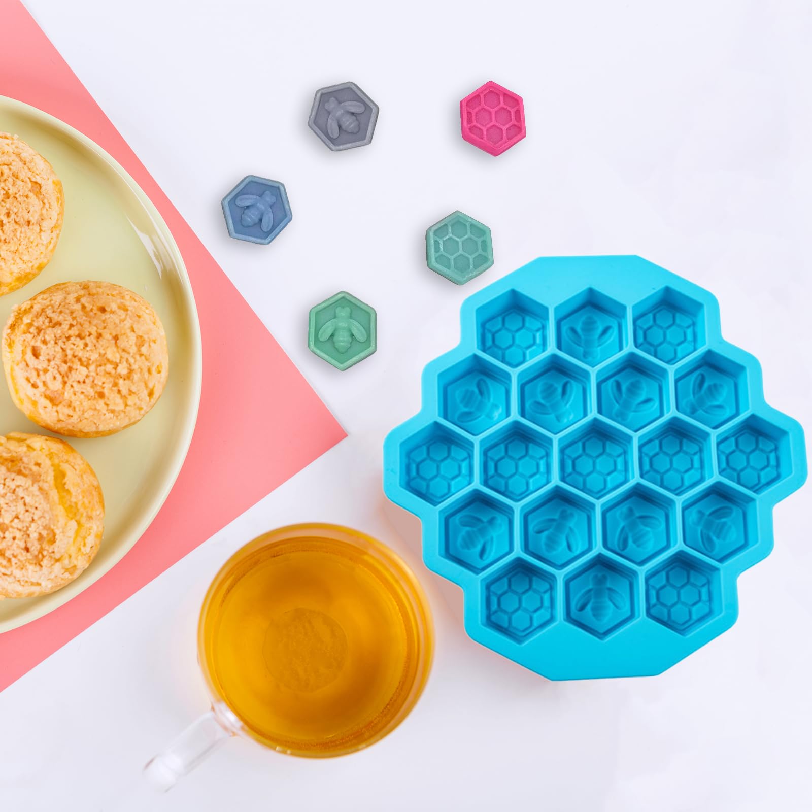 3PCS Silicone Molds Bee Honeycomb, LIOUCBD Non-Stick Chocolate Molds, 19 Cavities Cake Baking Moulds Food Grade Silicone Baking Molds for Candy, Jelly, Ice Cube, Soap (Pink, Blue, Green)