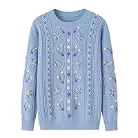 Women Sweater Cashmere Floral Embroidery Cable Knitting Crew Neck Long Sleeve Blue Thicken Pullover One Size 1759