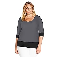 Star Vixen Women's 3/4 Sleeve V-Neck Tunic-Length Ity Knit Top with Black Colorblock Hem and Cuffs