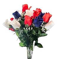 14 Stems Artificial Flower Rosebuds Patriotic Memorial Bouquet Cemetery Decorations for Grave, Spring Faux Flower Arrangement, Memorial Day, Veterans Independence Day, Red White Blue