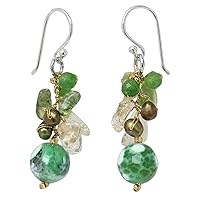 NOVICA Handcrafted Cultured Freshwater Pearl Peridot Cluster Earrings Thai Dangle .925 Sterling Silver Citrine Quartz Multigem Green Multicolor White Yellow Beaded Thailand Cypress Birthstone [1.8 in