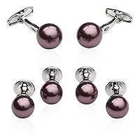 Mens Purple Swarovski Simulated Pearl Cufflinks & Studs Mauve Eggplant Tuxedo Formal Set for Wedding Groomsmen Groom with Travel Presentation Gift Box for Special Occasions