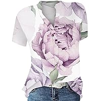 Women's Plus Size Tops Fashion Pullover Round Neck Loose Print Button Shirt Casual Versatile Top Short, S-2XL