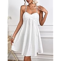 2023 Women's Dresses Solid Ruched Bust Cami Dress Women's Dresses (Color : White, Size : Small)