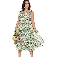Womens Plus Size Dresses Summer Square Neck Sleeveless Allover Floral Print Ruffle Trim Dress