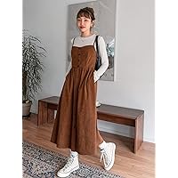 Dresses for Women - Slant Pocket Fake Button Corduroy Cami Dress Without Tee (Color : Brown, Size : Large)