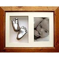 3D Baby Casting Kit with Rustic Wooden Display Frame, Silver Painted Hand and Foot Casts