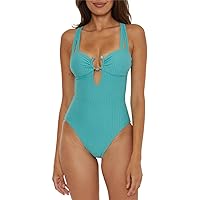BECCA Women's Standard Line in Sand Bandeau One Piece Swimsuit, Criss Cross, Textured, Bathing Suits