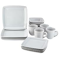 Square Dinnerware Sets | White Kitchen Plates, Bowls, and Mugs | 16 Piece Stoneware Madelyn Collection | Dishwasher & Microwave Safe | 10.75 x 10.75 Service for 4
