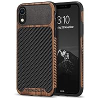 TENDLIN iPhone XR Cell Phone Case, Wood Grain with Carbon Fiber Texture Leather Hybrid Slim Case, Carbon Leather, Wireless Charging Compatible, Camera Protector