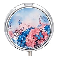 Round Pill Box Chrysanthemum Flowers and Butterfly Portable Pill Case Medicine Organizer Vitamin Holder Container with 3 Compartments
