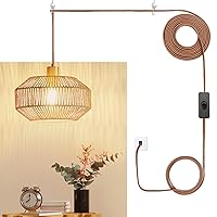 Plug in Pendant Light Paper Woven Rattan Hanging Lights Boho Hanging Lamp Rustic Farmhouse Pendant Lights for Kitchen Dining Room Bedroom Entryway, with 3-Way Dimmable Bulb (Woven)