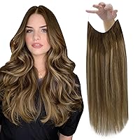 Fshine Hair Extensions Balayage Warm Brown to Honey Blonde 12 Inch 70g Human Hair Extensions Wire Invisible Hairpiece Natural Wire Extensions Secret Fish Line