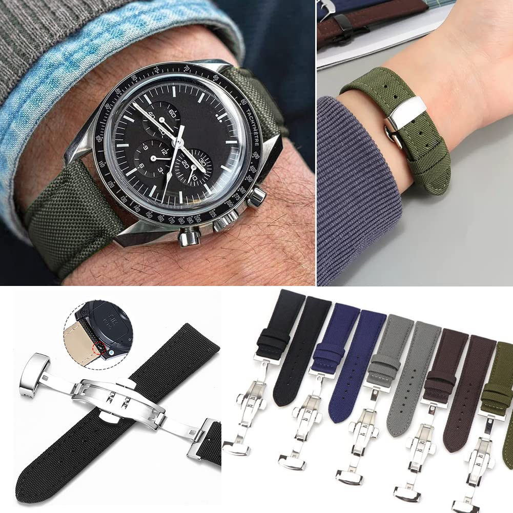 Nice Pies Premium Canvas Nylon Genuine Leather Strap Bracelet Double Press Butterfly Buckle Watch Band for Men's Sports Military Accessories 18/20/22/24mm