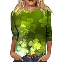 St Patrick's Day Shirts for Women,Women's Fashion Casual St.Patrick's Day Four-Leaf Clover Printed 3/4 Sleeve Round Neck Top
