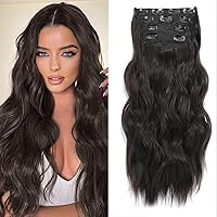 NAYOO Clip in Curly Hair Extensions 4PCS Long Wavy Synthetic Thick Hairpieces with Fiber Double Weft for Women Hair Full Head (24 Inch, Dark Brown)