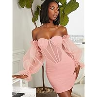 Summer Dresses for Women 2022 Off Shoulder Bell Sleeve Ruched Mesh Dress Dresses for Women (Color : Dusty Pink, Size : Large)