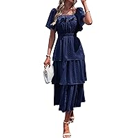 ECOWISH Women's Summer Dresses 2024 Square Neck High Waist Flutter Short Sleeve Swiss Dot Tiered Midi Dress
