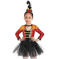Kids Girls Halloween Circus Ringmaster Costume Ringleader Tassel Mesh Tutu Dance Leotard Dress with Mini Top Hat Set