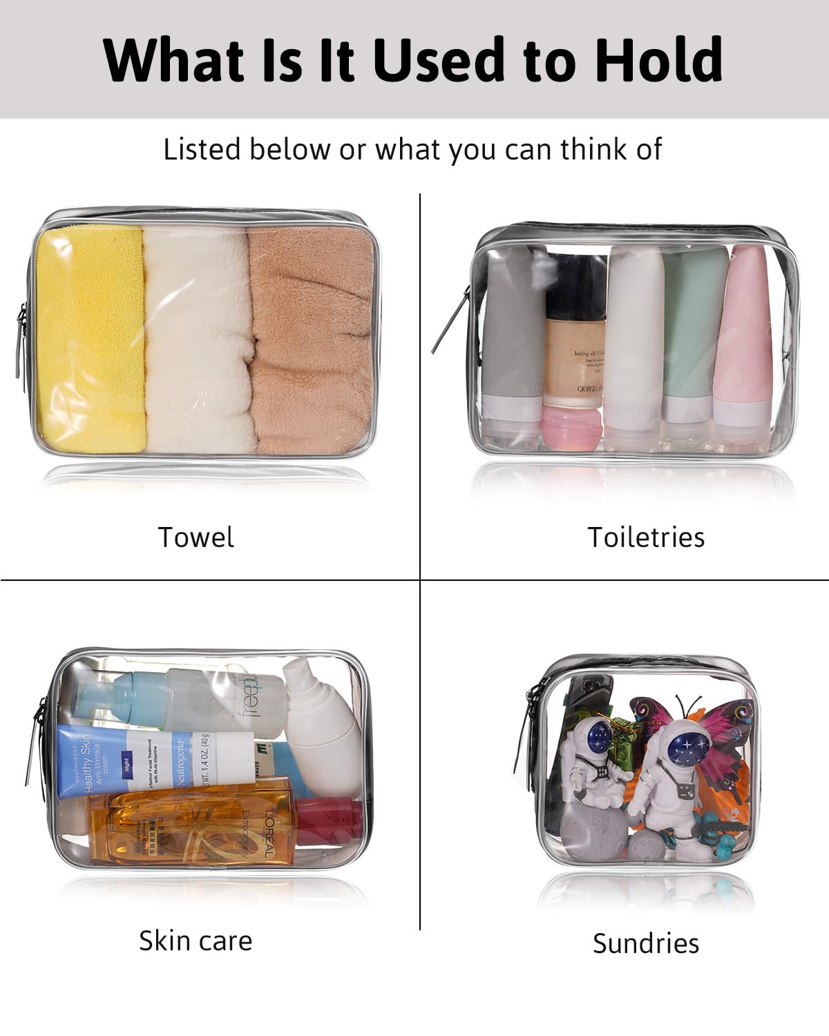 Meowoo Clear Travel Bags For Toiletries, TSA Approved Clear Organizer Bags, Waterproof Pvc Clear Zipper Pouches For Airline Travel, Bathroom And Organizing, 4 Pack