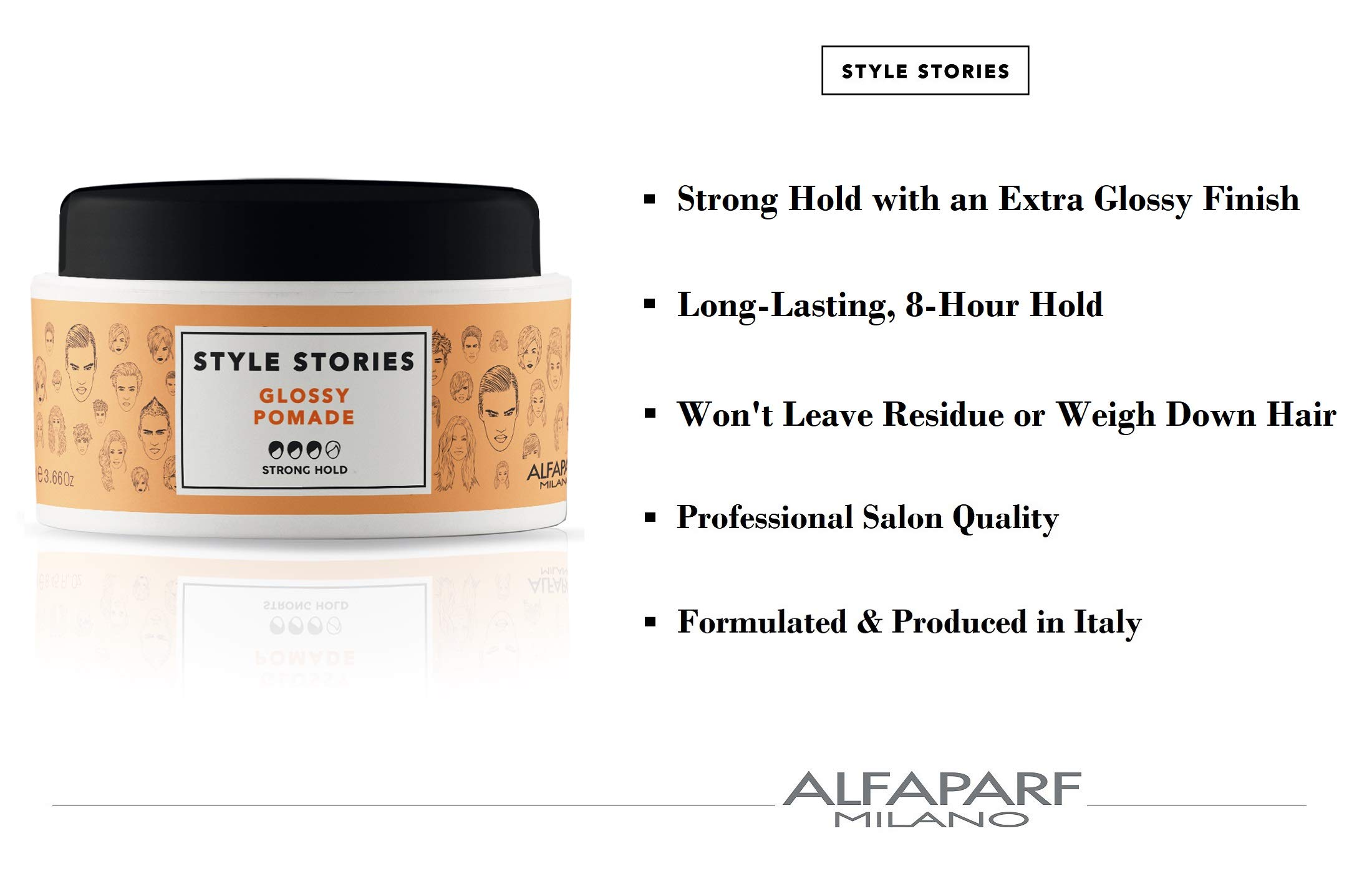 Alfaparf Milano Style Stories Glossy Pomade - Strong Hold - Extra Shiny Finish Wax Pomade - Long Lasting, All Day Hold - Professional Salon Quality Hair Styling Product - 3.66 oz.