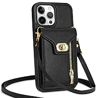 Wallet Case for iPhone 15 Pro Max/15 Pro/15 Plus/15, Leather Case with Card Holder Shoulder Strap RFID Blocking Protective Case,Black,15 Pro 6.1''