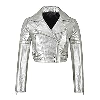 LP-FACON Womens Foil Metallic Short Body Brando Punk Motorcycle Biker Crop Leather Jacket Golden/Silver