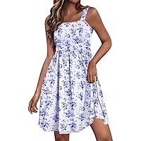 Summer Dresses for Women 2024 Casual Sleeveless High Waist A-line Sundress Floral Square Neck Midi Dress with Pocket