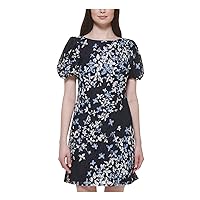 Jessica Howard Womens Navy Zippered Lined Floral Pouf Sleeve Boat Neck Short Party Sheath Dress 8