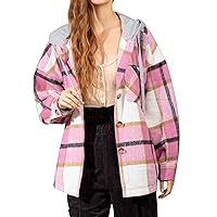 Flygo Womens Hooded Brushed Flannel Plaid Shirt Jacket Long Sleeve Button Down Pocketed Shacket Hoodie