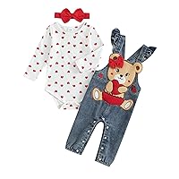 Baby Girl Valentine's Day Clothes Heart Print Long Sleeve Romper Bear Embroidery Denim Overalls Pants Headband