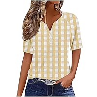 Womens Tops Trendy Summer Henley V Neck Buttons Shirts Short Sleeve Dressy Blouses Tunics Plaid Print T-Shirts
