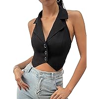 WDIRARA Women's Sleeveless Button Down Asymmetrical Backless Fitted Crop Vest Blazer