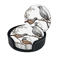 (Trees and Birds Camo) Print Leather Coasters Set of 6 for Drinks with Holder Absorbent Round Cup Mat Pad for Living Room Dining Table Kitchen Home Decor Housewarming Gift