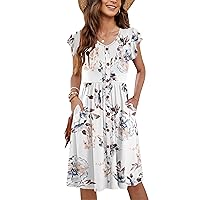 WNEEDU Women Summer Dresses Ruffle Sleeve Casual Loose Swing Button Down Elastic Waist Midi Dress