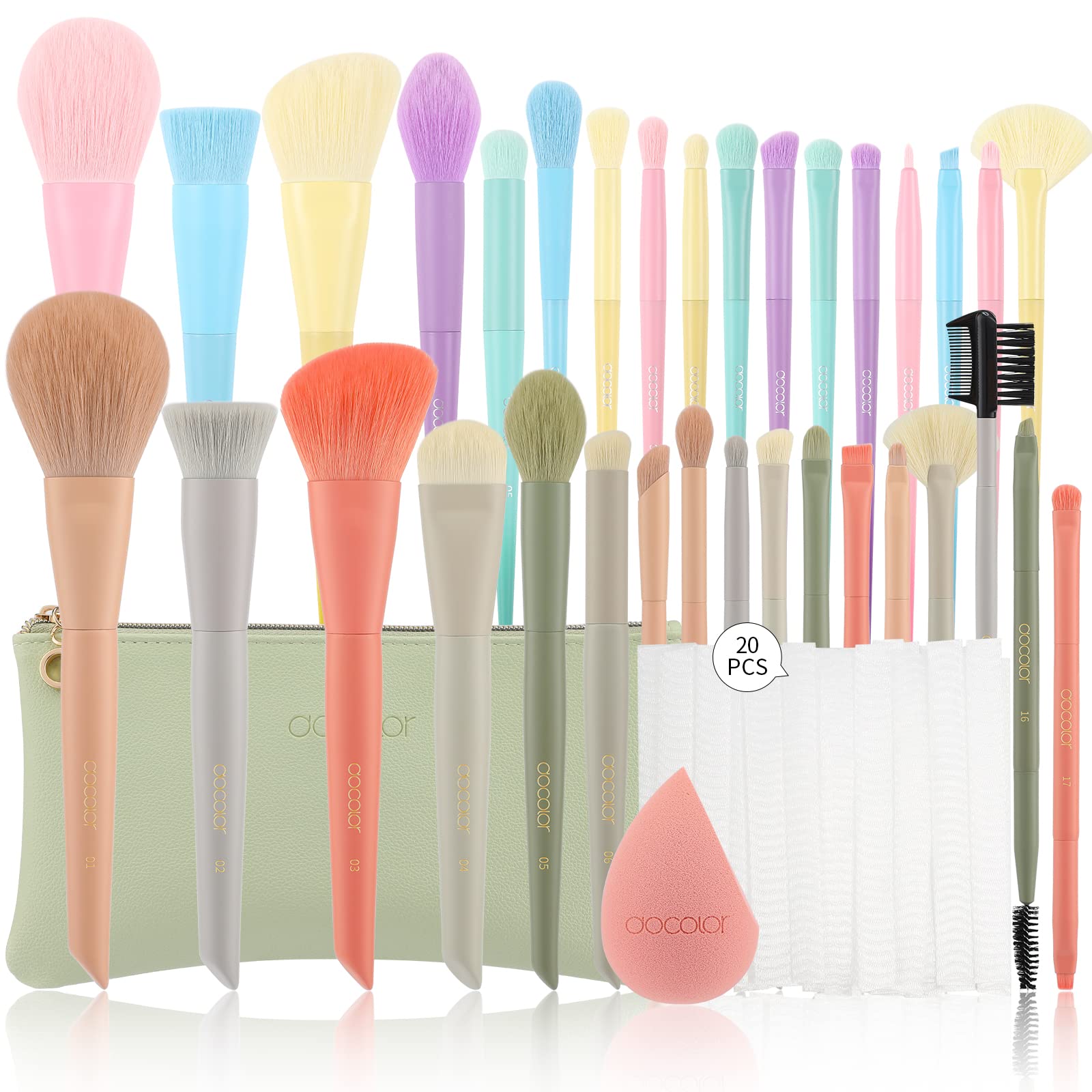 Docolor 17 Pcs Colourful Makeup Brushes Set + 17Pcs Morandi Makeup Brush Set with Makeup Bag and Makeup Sponge and Brush Protector
