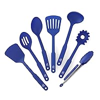GreenLife Cooking Tools and Utensils, 7 Piece Nylon Set including Spatulas Turner Spoons and Tongs, Dishwasher Safe, Blue