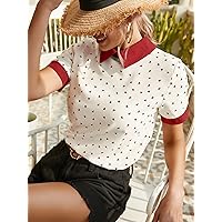 Women's Tops Women's Shirts Heart Confetti Dot Contrast Binding Blouse Women's Tops Shirts for Women (Color : Beige, Size : X-Large)