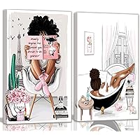 2 Pieces Framed African American Wall Art Modern Fashion Paris Pink White Afro Black Girls Women Canvas Wall Decor Pictures Posters Prints Artwork for Bathroom Living Room Bedroom Home Decoration